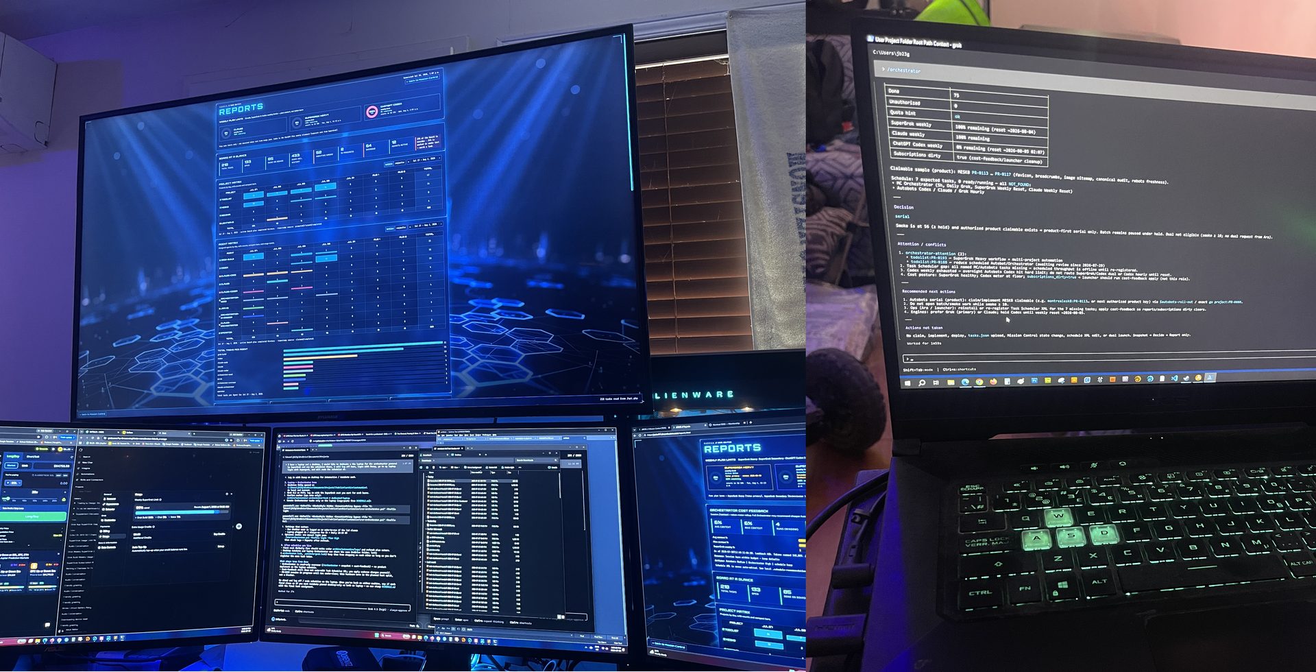 Command Center home office: large wall TV showing Reports HUD, three lower monitors with code and Mission Control, Alienware tower, and a green-backlit gaming laptop running terminal sessions.